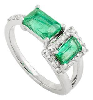 14k Gold Vintage Style Emerald Two Stone Ring With Diamonds Size 7