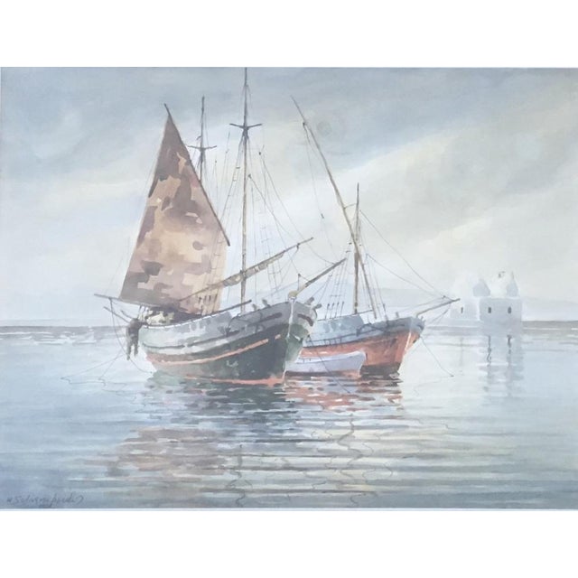 Konstantinos Sofianopoulos, Voiliers au Bord d'une île des Cyclades dans la Mer d'Égée, Watercolor on Paper, Framed For Sale - Image 8 of 8