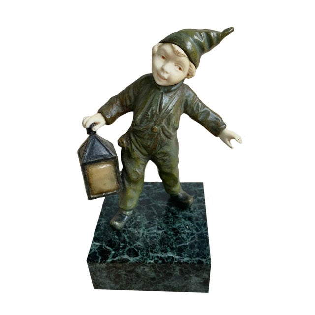 Art Deco Period Bronze Dutch Boy Holding Lantern For Sale - Image 4 of 4