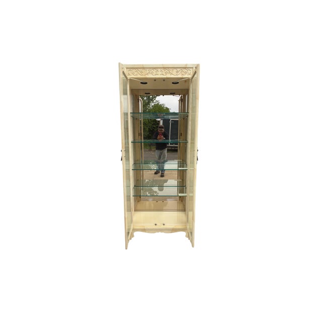 Paint Vintage Henredon Faux Goatskin Pan Asian Campaign Curio Cabinet Hutch Display For Sale - Image 7 of 17