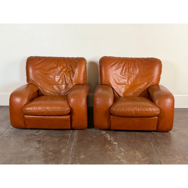 1970s Vintage 1970s Italian Cognac Leather Lounge Chairs For Sale - Image 5 of 12