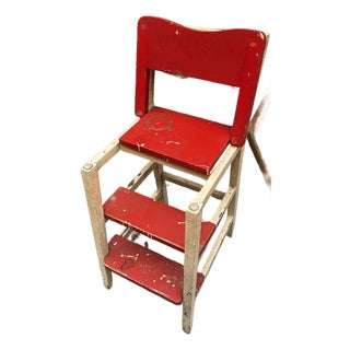 Red Wooden Vintage Step Stool Convertible Chair For Sale