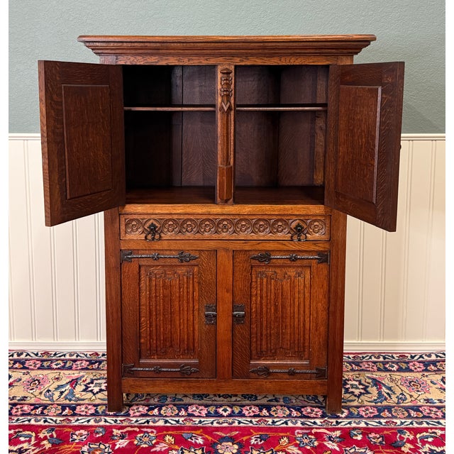 Antique French Gothic Linen Altar Wine Storage Cabinet Bookcase Bar Liquor Oak For Sale In Dallas - Image 6 of 18