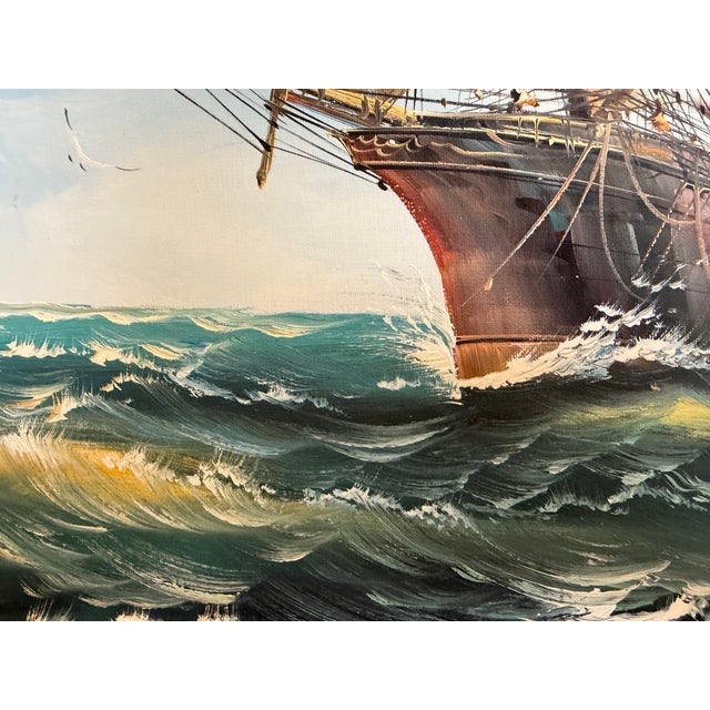 Blue Late 20th Century Ambrose Original Oil Painting Tall Ship at Sea Maritime Nautical Ocean Seascape For Sale - Image 8 of 11