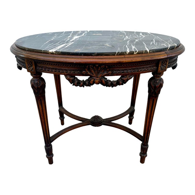Antique Louis XVI Style Oval Carved Mahogany and Marble Top Coffee Table, Side Table For Sale