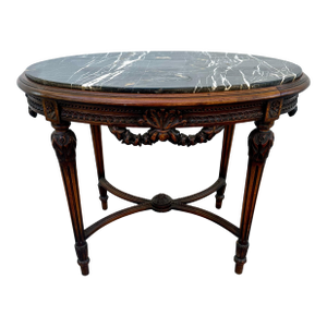 Antique Louis XVI Style Oval Carved Mahogany and Marble Top Coffee Table, Side Table