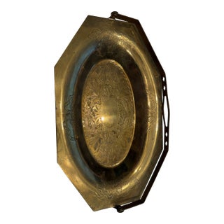Vintage Indo-Persian Etched Brass Octagonal Basket Tray With Folding Swing Handle For Sale