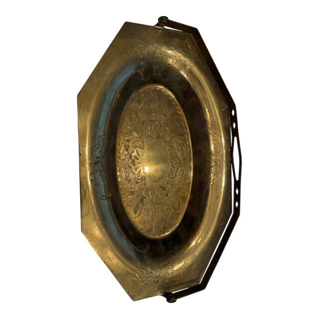 Vintage Indo-Persian Etched Brass Octagonal Basket Tray With Folding Swing Handle For Sale