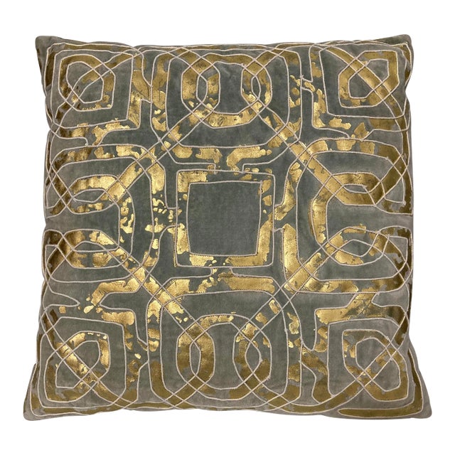Contemporary Gold Foil Embroidered Velvet Pillow For Sale