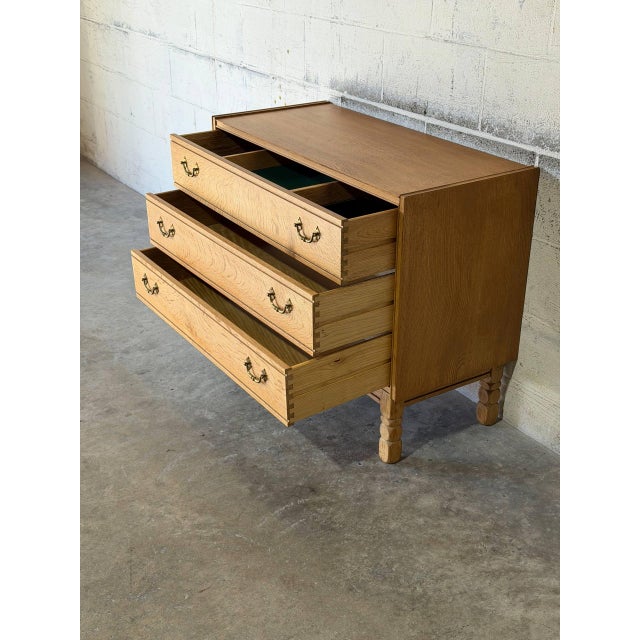 Brown Oak 3 Drawer Dresser Chest With Brass Pulls Mid-Century Modern 1960s For Sale - Image 8 of 11