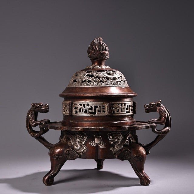 Copper & Silver Dragon Incense Burner, Coiled-Dragon Censer With Elephant Feet For Sale - Image 4 of 10