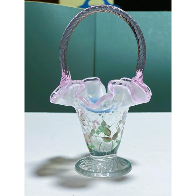 Signed Hand Painted Fenton Art Glass Basket, Pink Opalescent Ruffled Edge, Signed S. Massey For Sale - Image 14 of 16