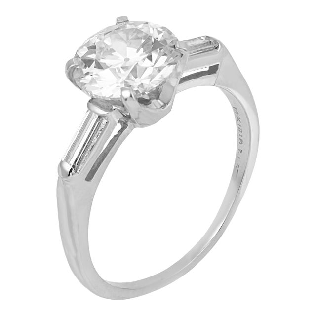 1960s Mid Century Gia 2.21 Carat Old European Cut Diamond Platinum Engagement Ring, Size 7.5 For Sale