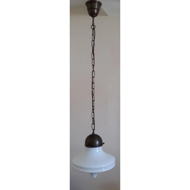 Metal Vintage Pendant Lamp with Brass Assembly & Opaque White Glass Screen, 1970s For Sale - Image 7 of 7