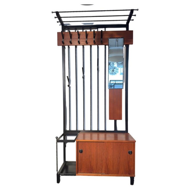 Teak Hall Coat Rack with Storage and Mirror, Belgium, 1960s For Sale - Image 6 of 9