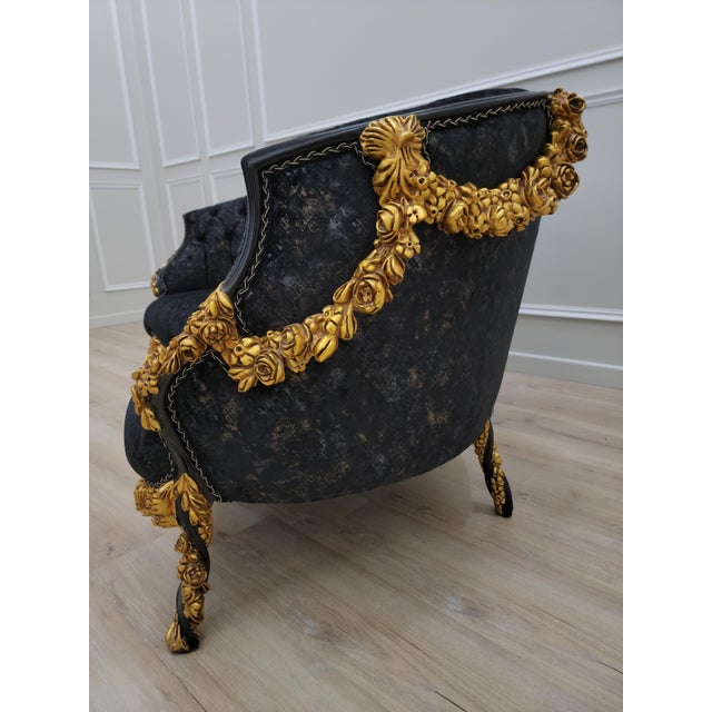 1950s Midnight Royale Tufted Sofa | Black & Gold Baroque Statement Couch | Victorian Glam Living Room Sofa For Sale - Image 10 of 11