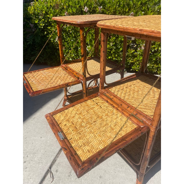 Brown 2 Vintage Rattan Bamboo Nightstands End Tables, Drop Down Shelf For Sale - Image 8 of 9