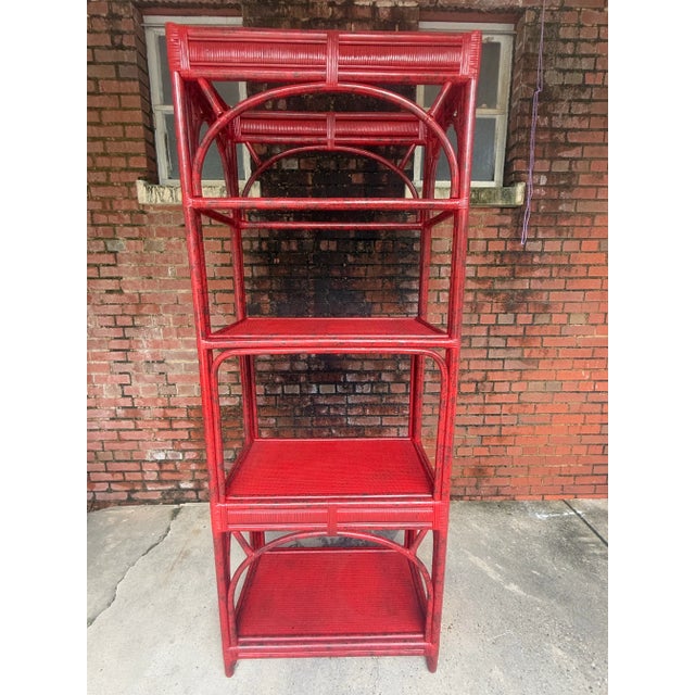 Chinoiserie Vintage Rattan Etagere Bookcase in Vermillion Red Faux Tortoise Shell Finish - Newly Painted For Sale - Image 3 of 12