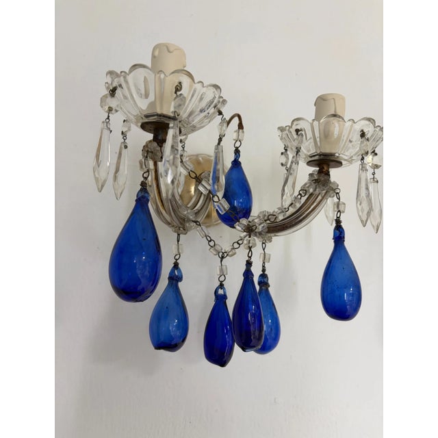 C 1920 Cobalt Mouth Blown Murano Drops Crystal Prisms Sconces One of a Kind For Sale - Image 11 of 11