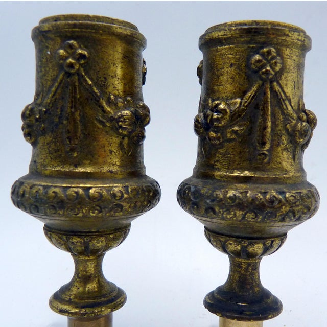 Pair of antique French Louis XVI-style decorative chandelier elements c.1880. These are heavy cast bronze with a worn gilt...