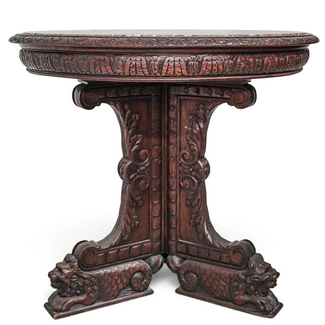 Antique Marble Top Carved Oak Round Table Made in Belgium For Sale - Image 4 of 6