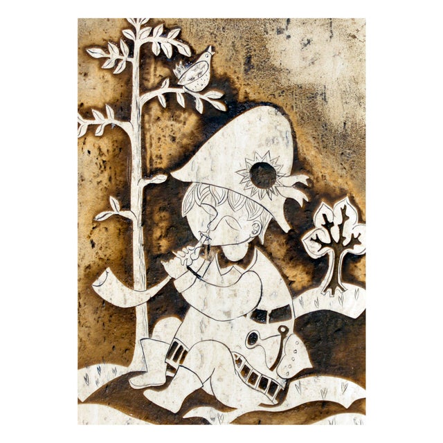 Carved marble flute player by Rodney Marshall Winfield (American, b. 1925). Presented in a rustic wooden frame. Unsigned....