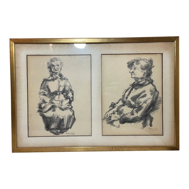 Two Original 60' Signed Chaim Gross Original Ink Drawing Elder Lady Art For Sale