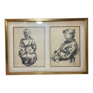 Two Original 60' Signed Chaim Gross Original Ink Drawing Elder Lady Art
