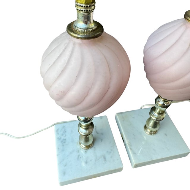 1940s Light Pink Glass Boudoir Lamps - A Pair For Sale - Image 4 of 5