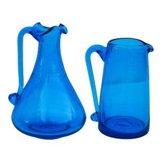 Vintage Blue Glass Creamers - Set of 2 For Sale