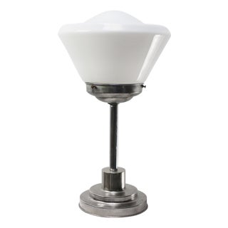 Art Deco White Opaline Cone Glass and Nickel-Plated Desk Lamp For Sale