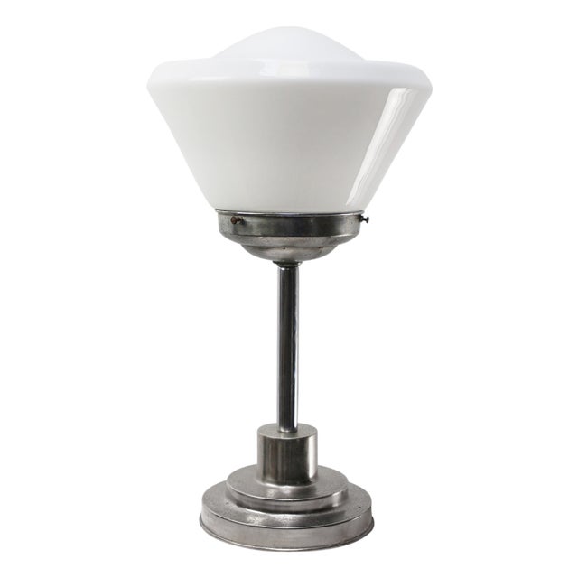 Art Deco White Opaline Cone Glass and Nickel-Plated Desk Lamp For Sale