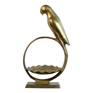 Vintage 17" Tall Brass Parrot on Perch Sculptural Catchall / Platter For Sale