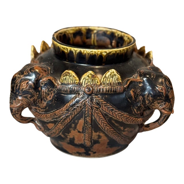 Antique Elephant Motif Ceramic Vessel With Gilded Accents For Sale