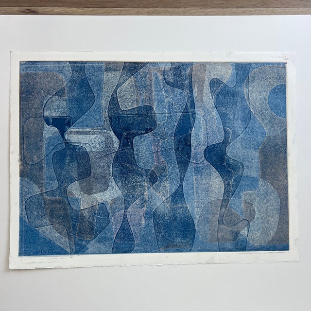 Abstract Original Signed Blue Abstract Layered Monotype Artwork, Unframed For Sale - Image 3 of 6