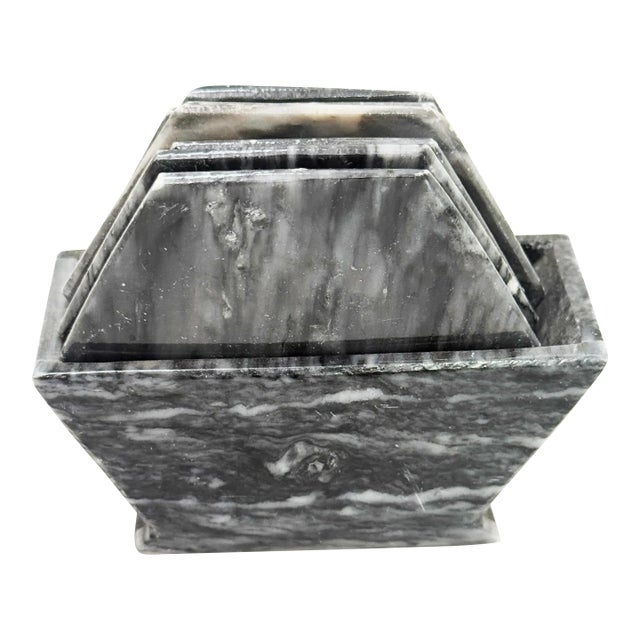 Mid-Century Modern Hand Made Black & White Marble Stone Coasters With Holder - 7 Pieces For Sale