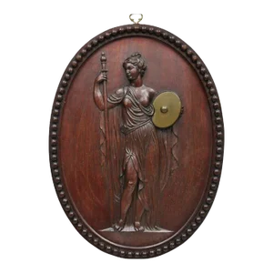 Antique 1900s Oval Carved Mahogany Figural Goddess Wall Sculpture Plaque