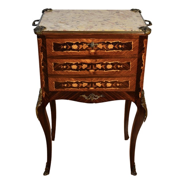 1890s Antique French Louis XV Walnut Inlaid & Marble Top Liquor Cabinet / Bar For Sale