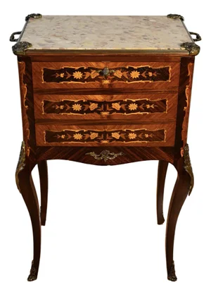 1890s Antique French Louis XV Walnut Inlaid & Marble Top Liquor Cabinet / Bar