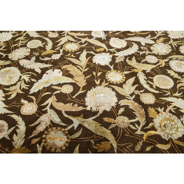 2010s Brown Modern Ikat Handmade Floral Pattern Designed Wool Rug For Sale In New York - Image 6 of 7