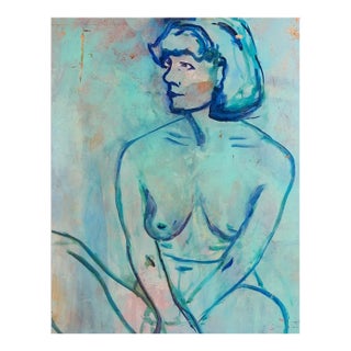 Vintage 1988 Fauvist Nude Woman in Blue Portrait Painting For Sale
