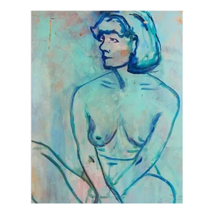 Vintage 1988 Fauvist Nude Woman in Blue Portrait Painting