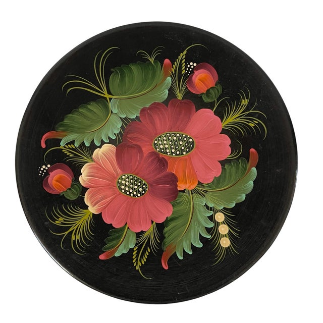 3 Vintage Hand Painted Oil/Wood Wall Hanging Floral Plates Made in the Ussr. For Sale - Image 4 of 6