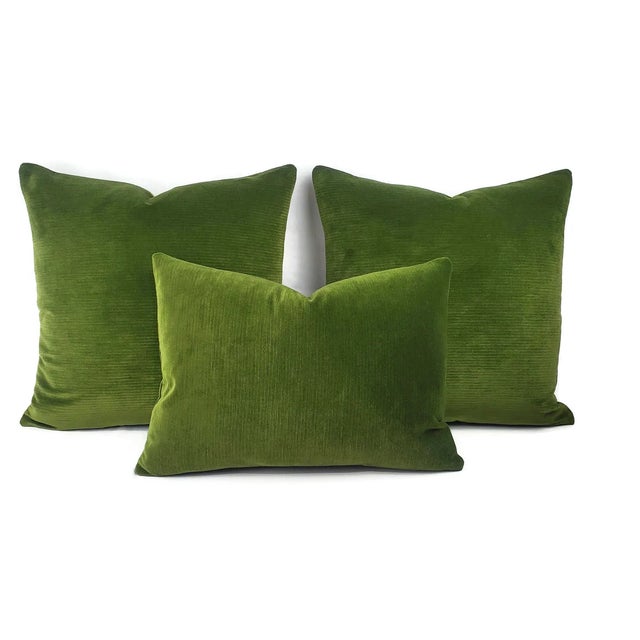Mid-Century Modern Moss Green Texture Velvet Pillow Cover - Dark Olive Green Stripe Velvet Square Cushion Case For Sale - Image 3 of 6