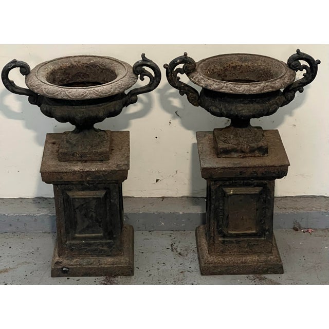 Antique Cast Iron Neo Classical Urns on Plinths a Pair For Sale In Chicago - Image 6 of 9