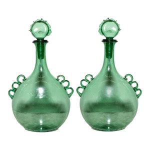 Pair of 1970s Green Hand Blown Decanters With Elaborate Stoppers