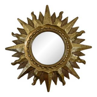 Vintage Bright Gold 13" Sunburst Wall Accent Mirror For Sale