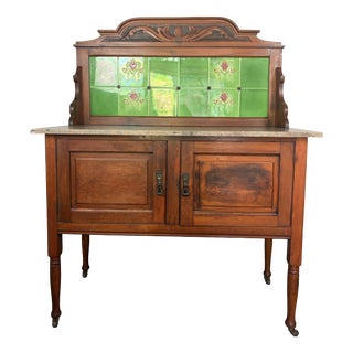 Art Nouveau Edwardian Washstand with Tiled Splashback and Marble Top Wash Basin, 1900 For Sale