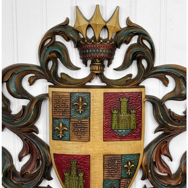 1960s Vintage 38" Heraldry Coat of Arms Wall Art Hanging Sculpture For Sale - Image 5 of 14