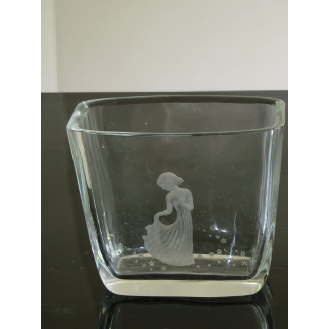 Transparent Vintage Orrefors Art Glass Vase With Etched Girl and Flowers For Sale - Image 8 of 8